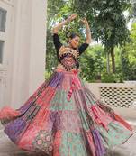 Navratri Special Multicolour Lehenga Choli Set for Women – Cotton Printed Garba Wear with Kutchi Gamthi Work