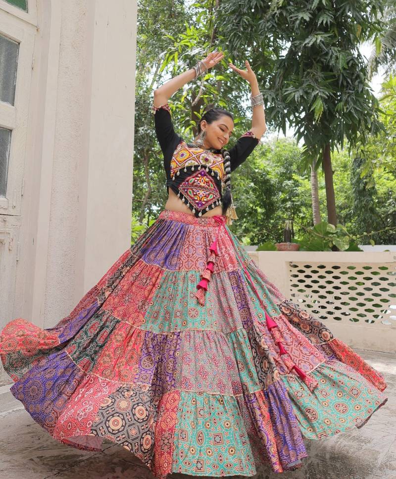 Navratri Special Multicolour Lehenga Choli Set for Women – Cotton Printed Garba Wear with Kutchi Gamthi Work