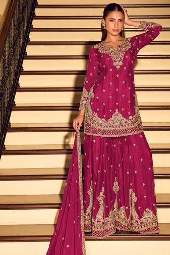 Rani pink embroidered & sequins work free size stitched straight salwar suit for women