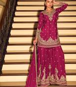 Rani pink embroidered & sequins work free size stitched straight salwar suit for women