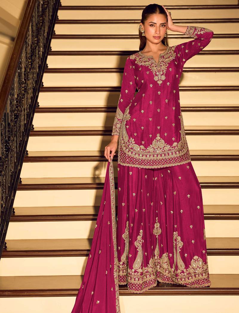 Rani pink embroidered & sequins work free size stitched straight salwar suit for women
