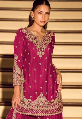 Rani pink embroidered & sequins work free size stitched straight salwar suit for women 2