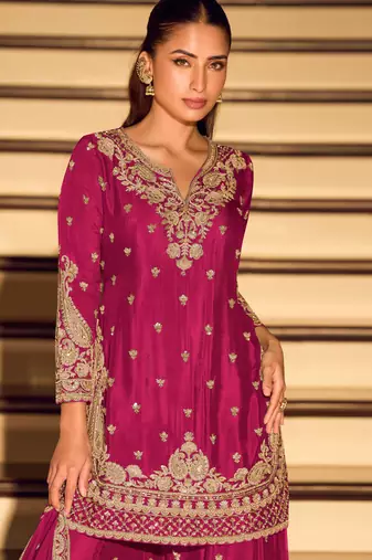 Rani pink embroidered & sequins work free size stitched straight salwar suit for women