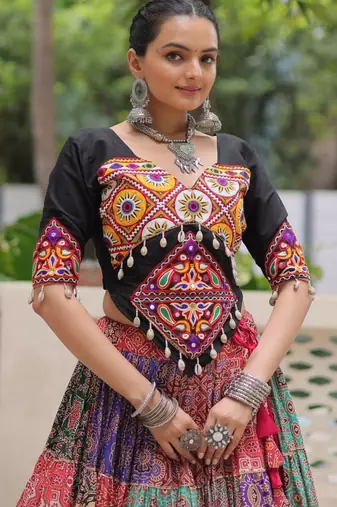 Navratri Special Multicolour Lehenga Choli Set for Women – Cotton Printed Garba Wear with Kutchi Gamthi Work