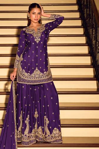 Purple embroidered & sequins work free size stitched straight salwar suit for women
