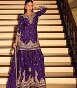 Purple embroidered & sequins work free size stitched straight salwar suit for women