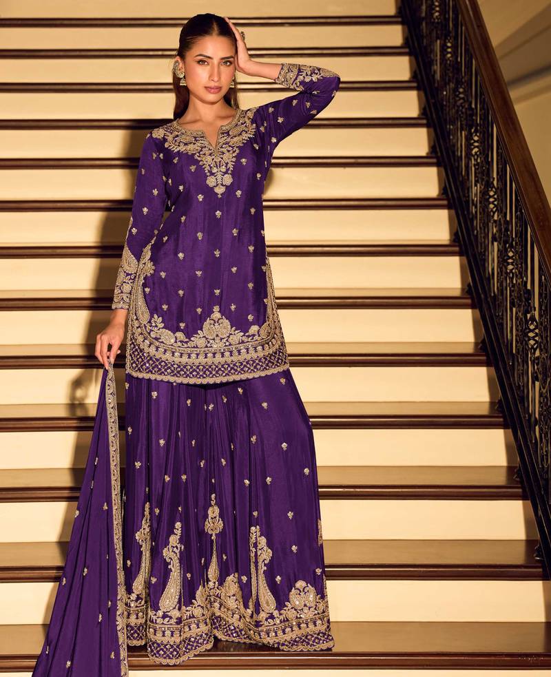 Purple embroidered & sequins work free size stitched straight salwar suit for women
