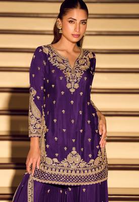 Purple embroidered & sequins work free size stitched straight salwar suit for women 2