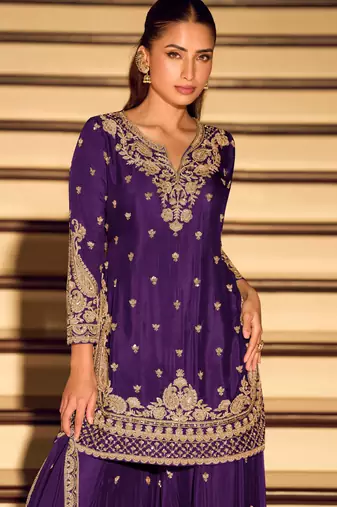 Purple embroidered & sequins work free size stitched straight salwar suit for women