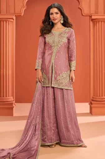 Pink zari embroidered , sequins , mirror free size stitched straight salwar suit for women
