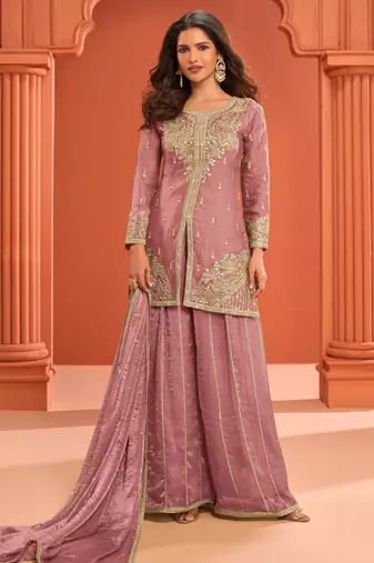 Pink zari embroidered , sequins , mirror free size stitched straight salwar suit for women