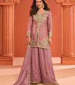 Pink zari embroidered , sequins , mirror free size stitched straight salwar suit for women