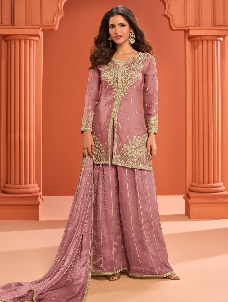 Pink zari embroidered , sequins , mirror free size stitched straight salwar suit for women