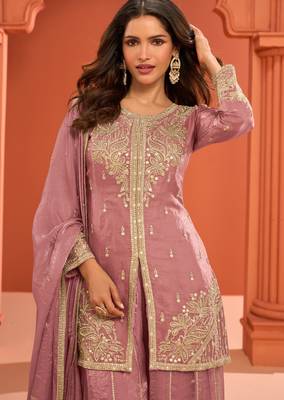 Pink zari embroidered , sequins , mirror free size stitched straight salwar suit for women 2