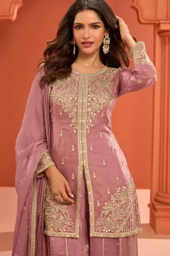 Pink zari embroidered , sequins , mirror free size stitched straight salwar suit for women