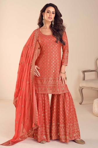 Orange thread embroidered , sequins & mirror free size stitched straight salwar suit for women