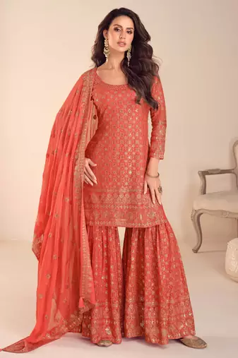 Orange thread embroidered , sequins & mirror free size stitched straight salwar suit for women