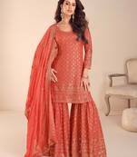 Orange thread embroidered , sequins & mirror free size stitched straight salwar suit for women