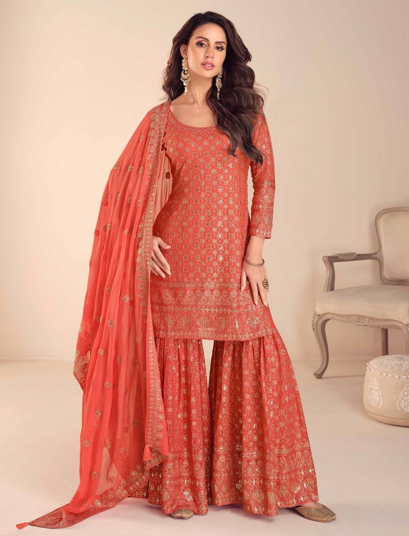 Orange thread embroidered , sequins & mirror free size stitched straight salwar suit for women