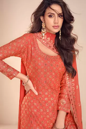 Orange thread embroidered , sequins & mirror free size stitched straight salwar suit for women