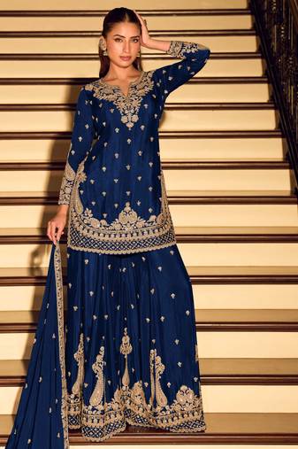 Navy blue embroidered & sequins work free size stitched straight salwar suit for women