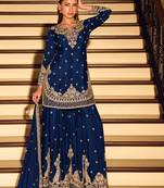 Navy blue embroidered & sequins work free size stitched straight salwar suit for women