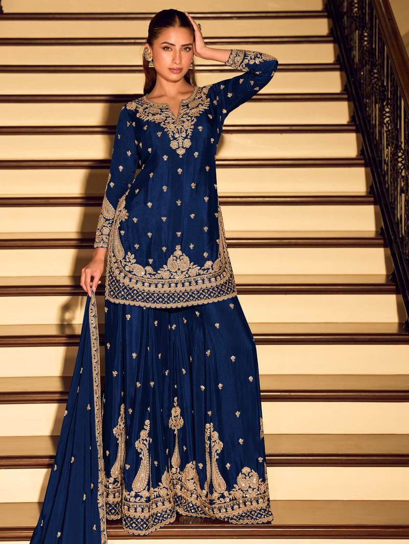 Navy blue embroidered & sequins work free size stitched straight salwar suit for women