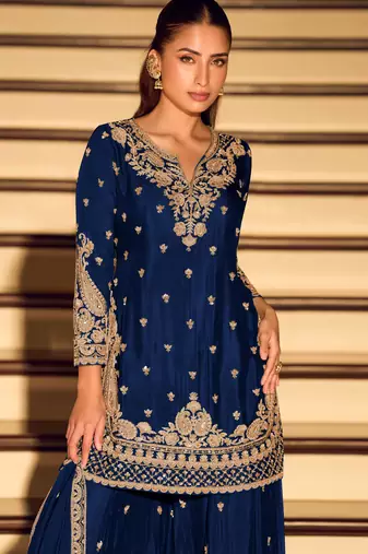 Navy blue embroidered & sequins work free size stitched straight salwar suit for women