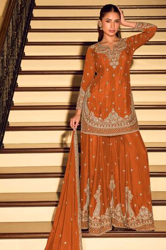 Orange embroidered & sequins work free size stitched straight salwar suit for women