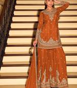 Orange embroidered & sequins work free size stitched straight salwar suit for women