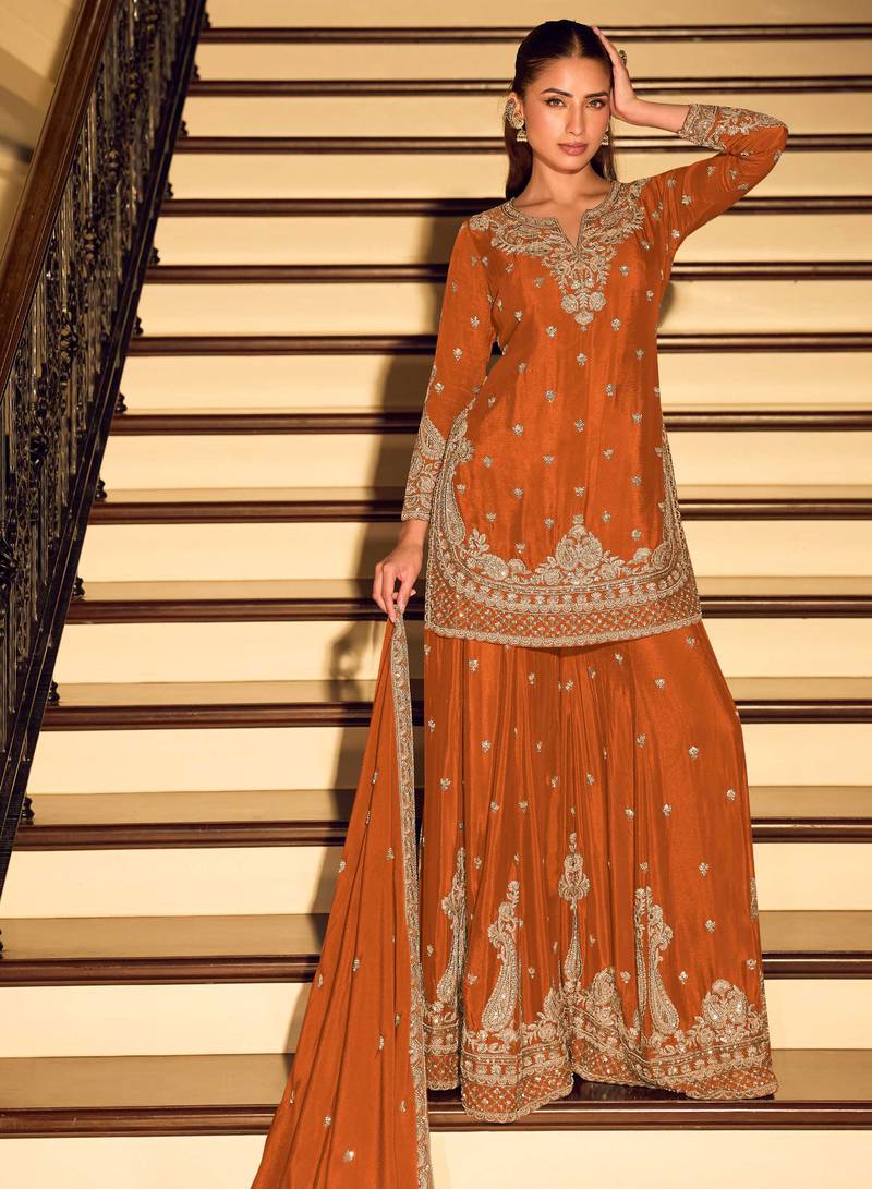 Orange embroidered & sequins work free size stitched straight salwar suit for women