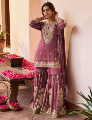 Mauve embroidered , stone & sequins free size stitched straight salwar suit for women 1
