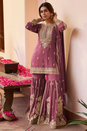 Mauve embroidered , stone & sequins free size stitched straight salwar suit for women