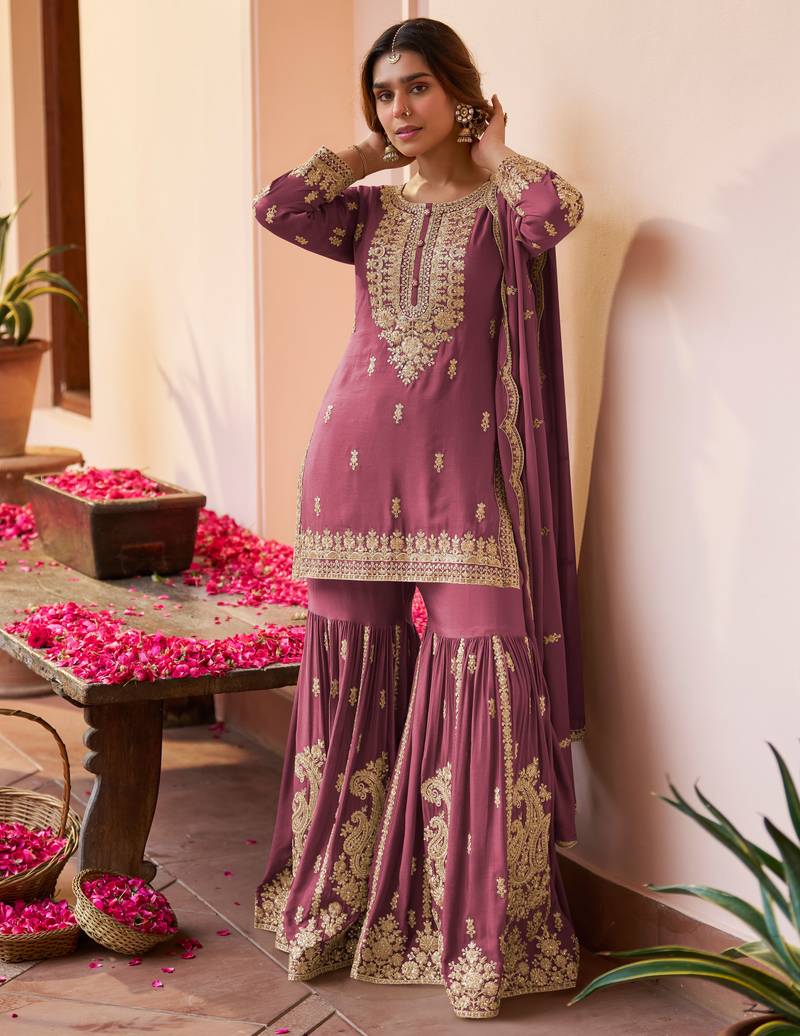 Mauve embroidered , stone & sequins free size stitched straight salwar suit for women