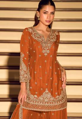 Orange embroidered & sequins work free size stitched straight salwar suit for women 2