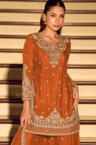 Orange embroidered & sequins work free size stitched straight salwar suit for women