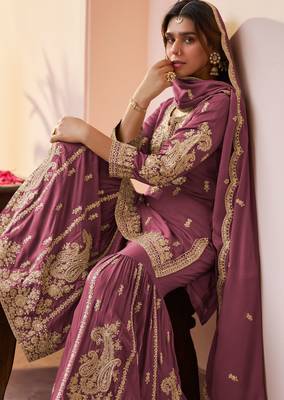 Mauve embroidered , stone & sequins free size stitched straight salwar suit for women 2