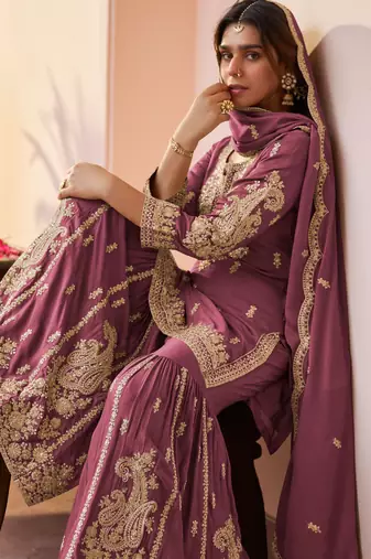 Mauve embroidered , stone & sequins free size stitched straight salwar suit for women