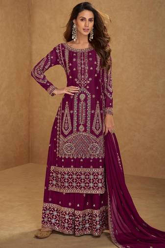 Maroon embroidered and sequins free size stitched straight salwar suit for women