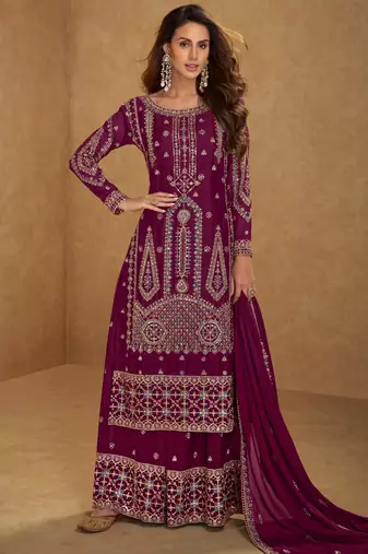 Maroon embroidered and sequins free size stitched straight salwar suit for women