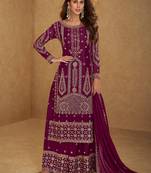Maroon embroidered and sequins free size stitched straight salwar suit for women