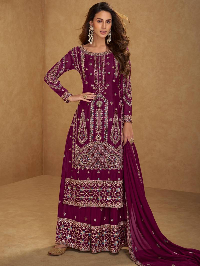 Maroon embroidered and sequins free size stitched straight salwar suit for women