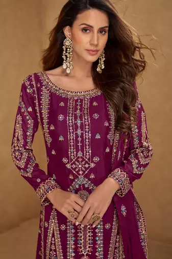 Maroon embroidered and sequins free size stitched straight salwar suit for women