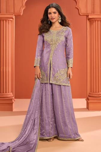 Lilac zari embroidered , sequins , mirror free size stitched straight salwar suit for women