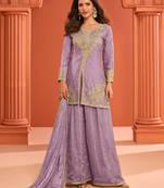 Lilac zari embroidered , sequins , mirror free size stitched straight salwar suit for women
