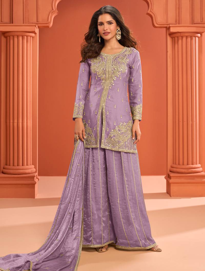 Lilac zari embroidered , sequins , mirror free size stitched straight salwar suit for women
