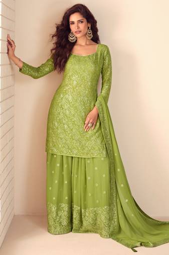 Lime green thread embroidered , sequins & mirror free size stitched straight salwar suit for women