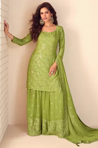 Lime green thread embroidered , sequins & mirror free size stitched straight salwar suit for women
