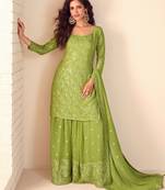 Lime green thread embroidered , sequins & mirror free size stitched straight salwar suit for women