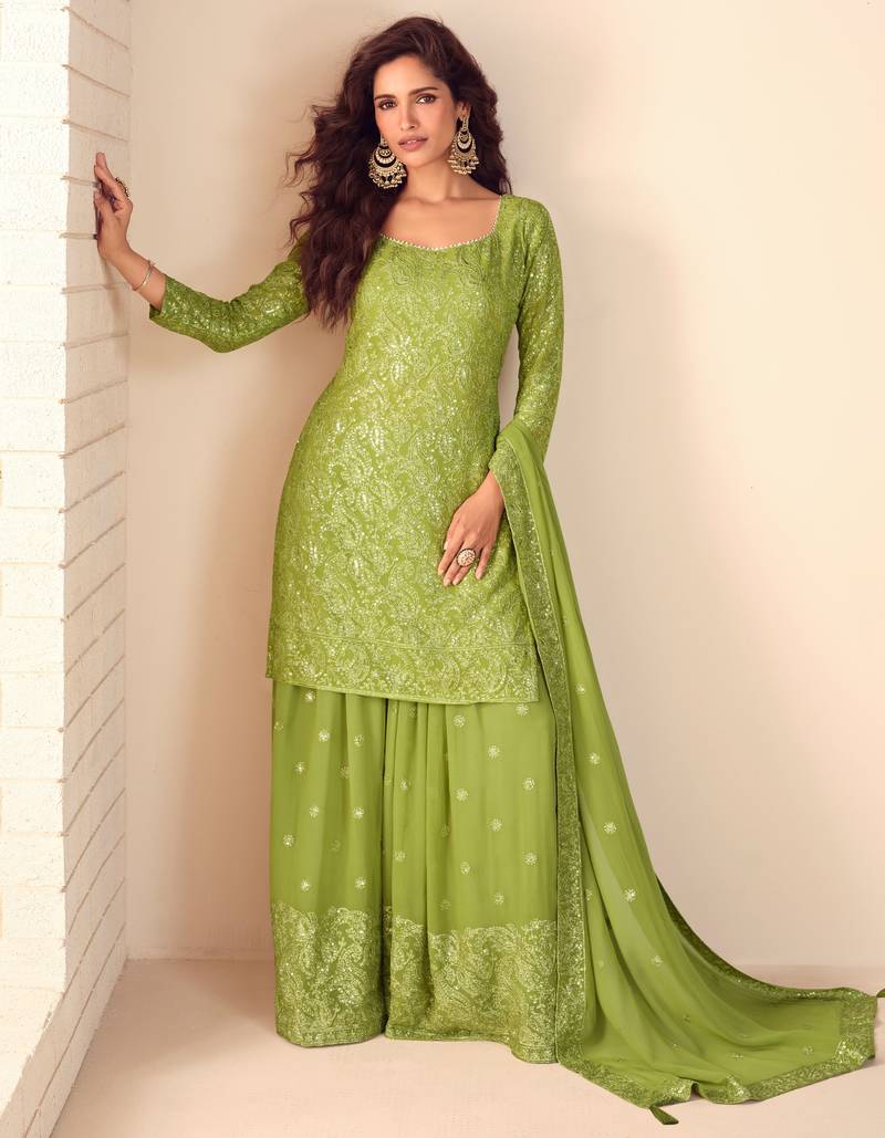 Lime green thread embroidered , sequins & mirror free size stitched straight salwar suit for women
